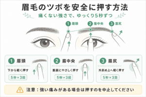 眉毛のツボを安全に押す方法。眉頭、眉中央、眉尻を5秒ずつ刺激する図解
